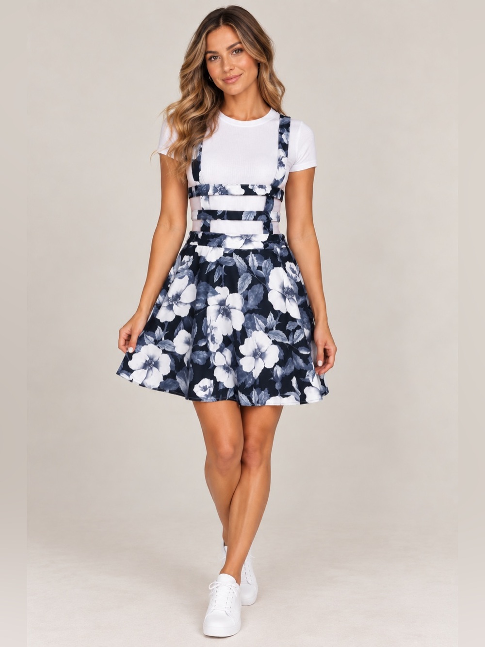 Finejo Gray Black and White Floral Cut Out Cage Suspender Skirt Mini Dress